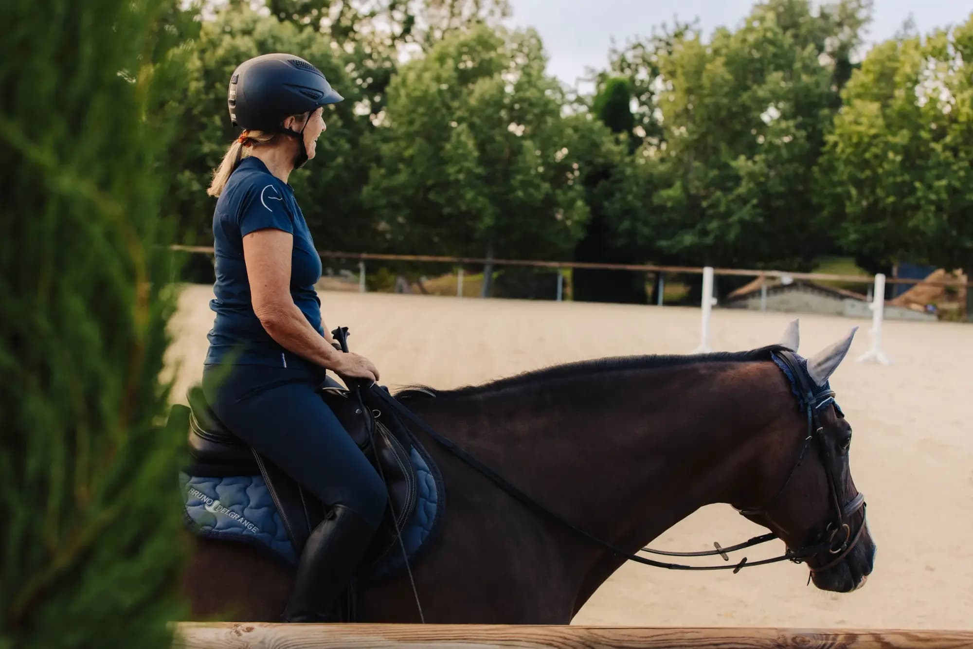 Rider on a dark bay horse in the sand arena